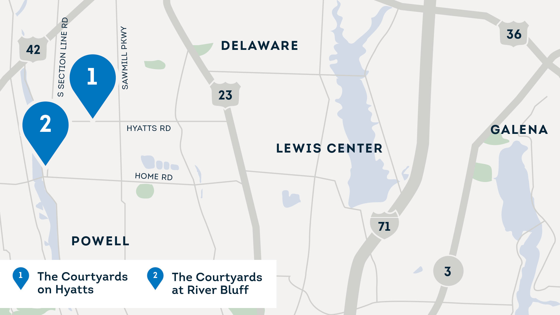 Map of Locations for The Courtyards on Hyatts and the Courtyards at River Bluff
